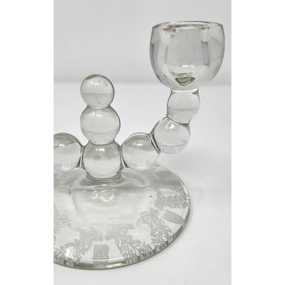 Vintage Double Candlestick Holder | Paden City Glass Co | Etched Floral Base